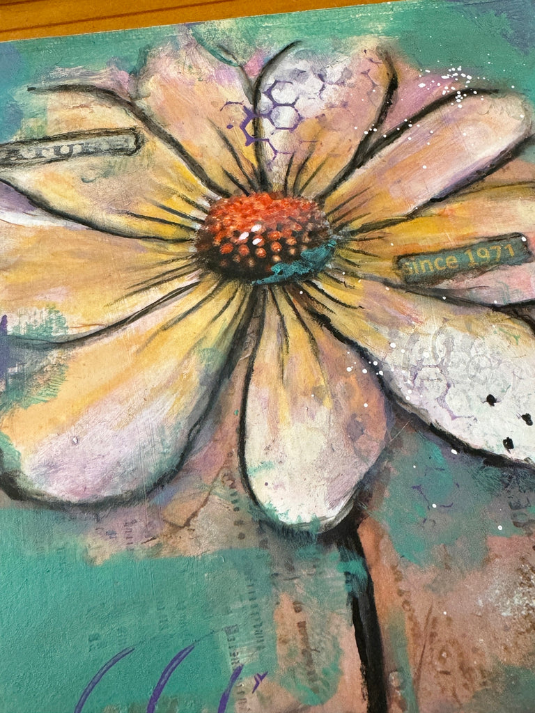 mixed media collage painting of a white  flower