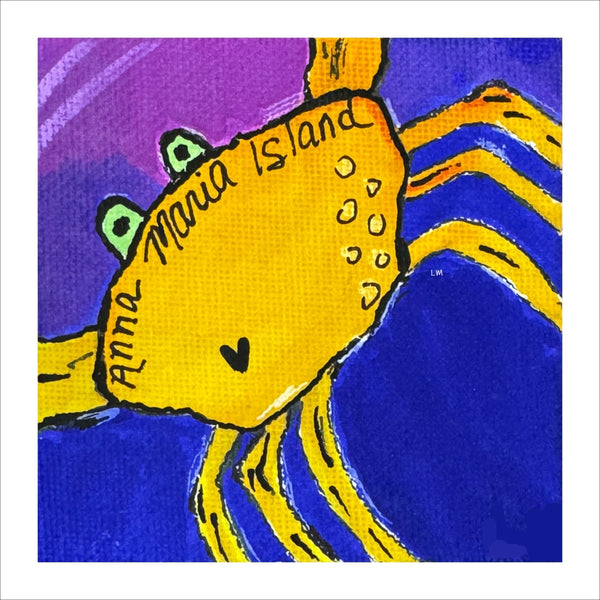 Yellow crab artwork with text on a blue and purple background