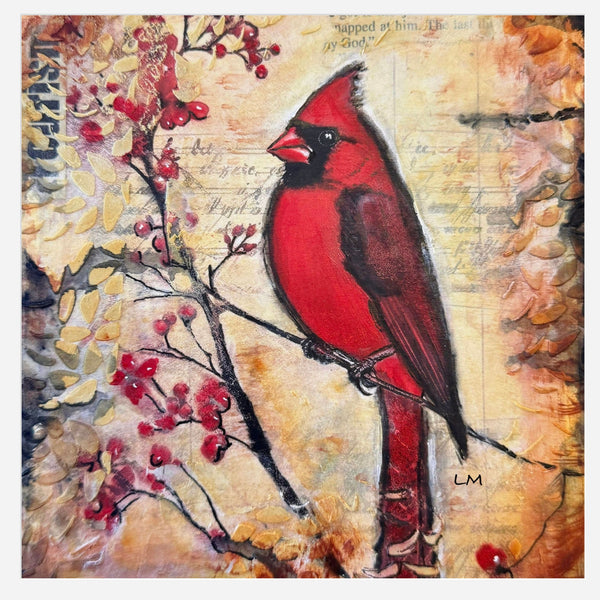 Red cardinal bird on a branch with berries against a textured background