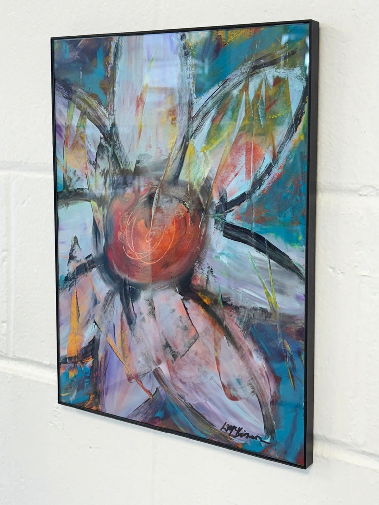 framed acrylic painting of flower with a whimsical abstract feeling