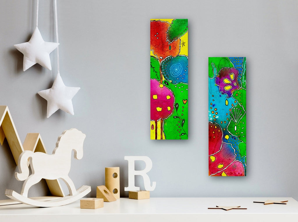 whimsical 3x9 paintings sold together
