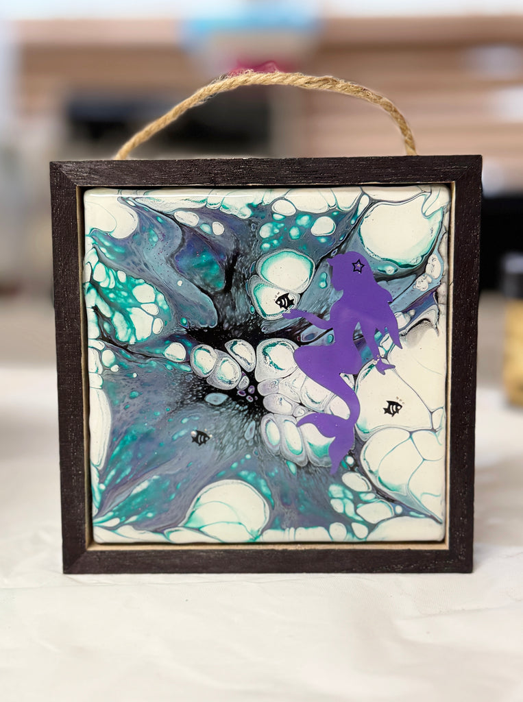 Original mermaid art tile in wood frame