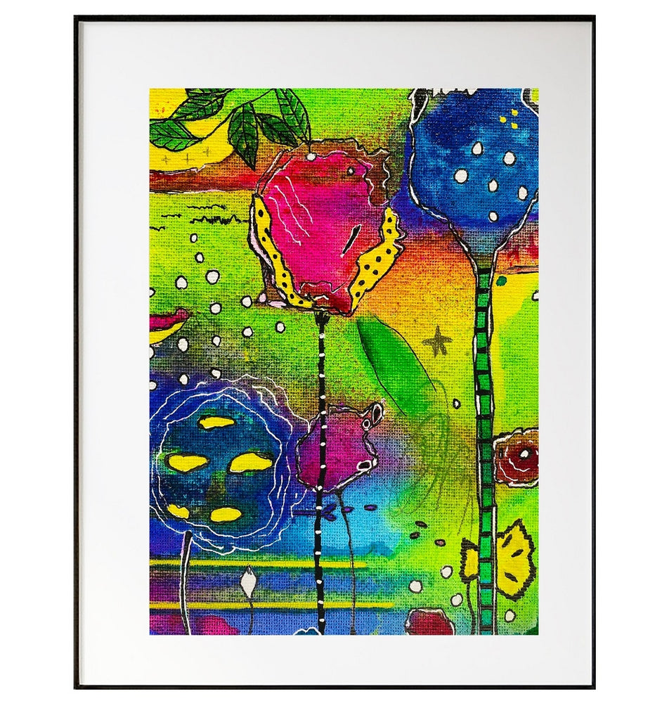 abstract floral painting in black frame