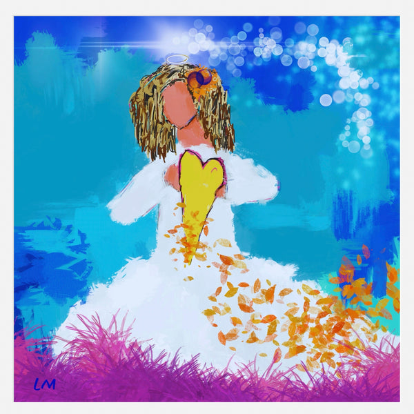 Colorful artwork of an angel holding a yellow heart with a blue and purple abstract background