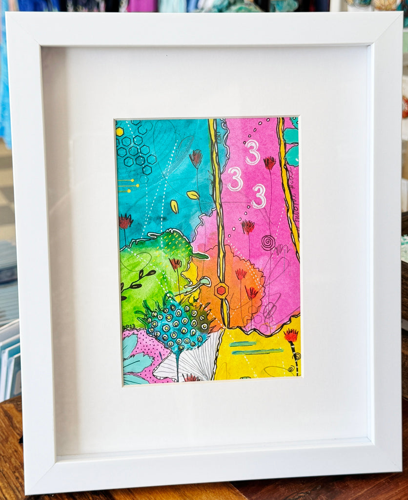 original abstract painting on 5x7 inch paper in blue, pink, yellow, orange, red, black and white