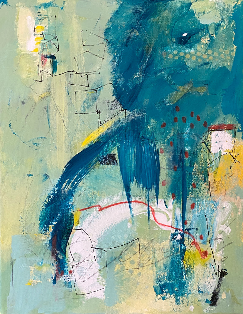 mixed media rabbit painting in blue, green, yellow, red and white
