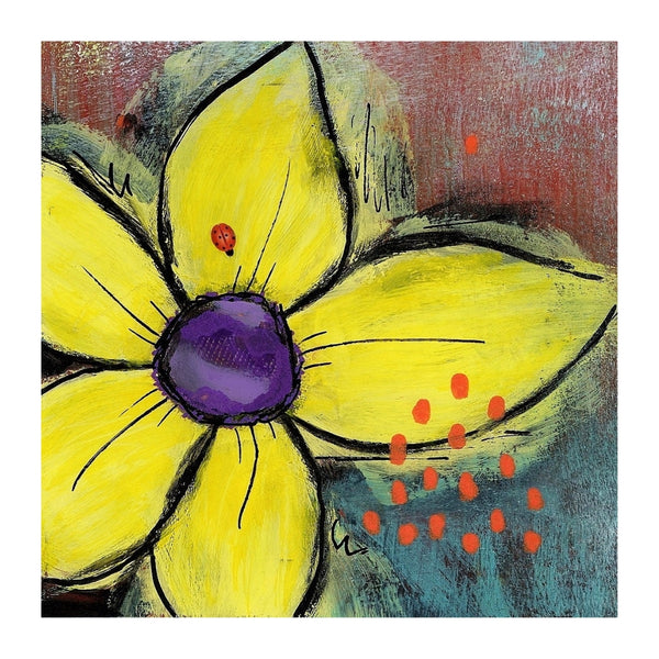 flower art with yellow petals and small red ladybug with abstract background
