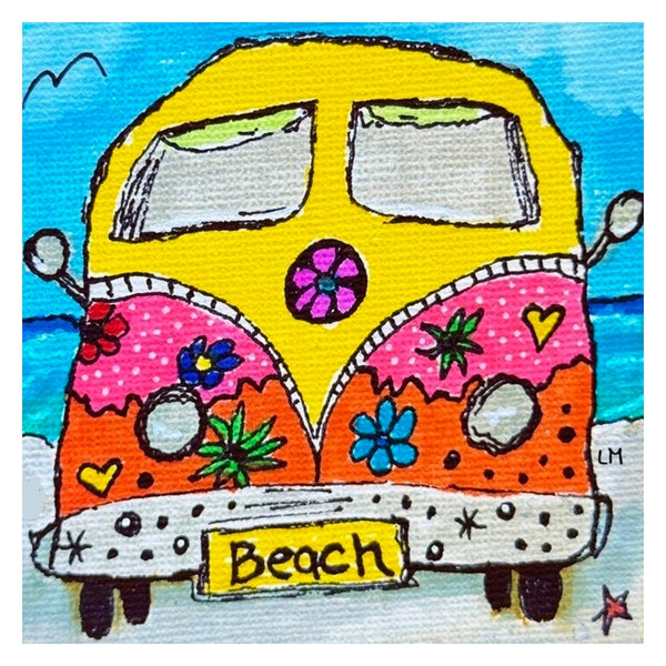 Colorful illustration of a van with 'Beach' sign on a blue background