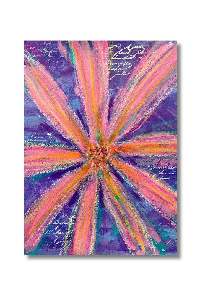 pink abstract flower on purple background 5x7 card