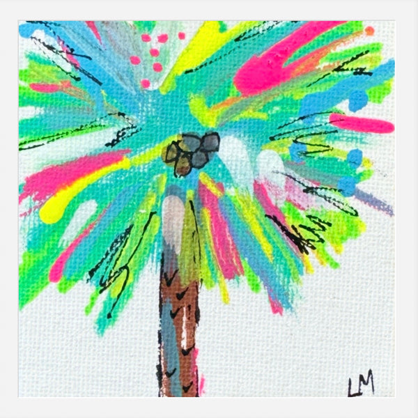 Colorful palm tree painting with abstract design on a white background
