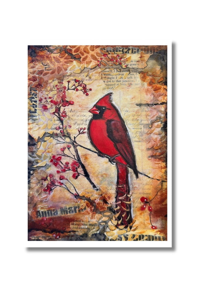 red cardinal artwork on cover of a blank greeting card