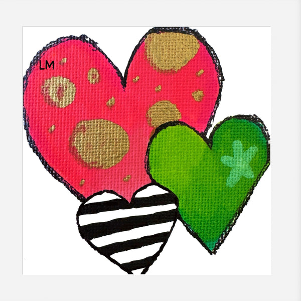Three hearts with different patterns on a white background