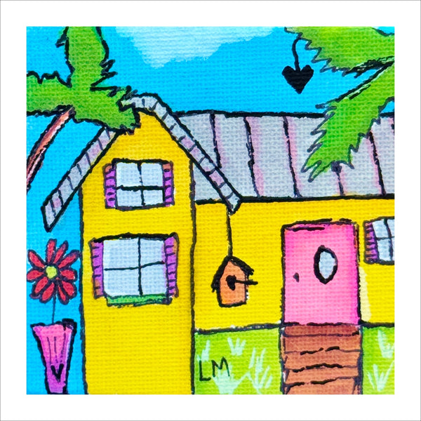 Colorful drawing of a house with a blue sky and green trees.