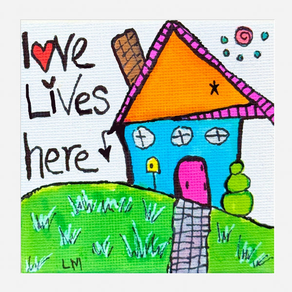 Colorful drawing of a house with 'I ❤️ e Lives here' text on a white background