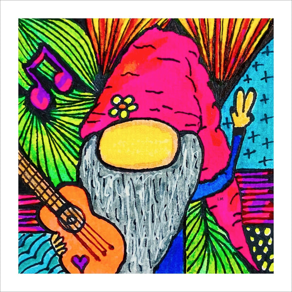 Colorful illustration of a gnome playing guitar with a vibrant background
