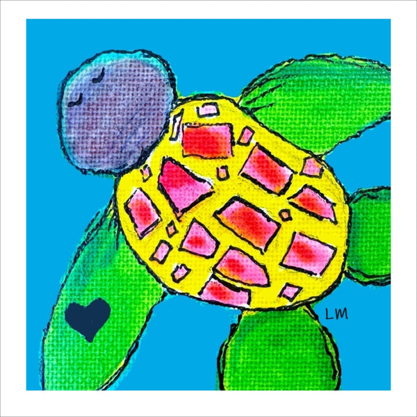 Colorful illustration of a turtle with a patterned shell on a blue background