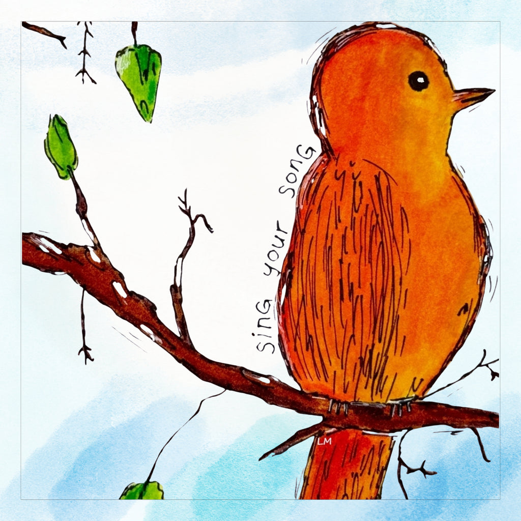 Colorful illustration of a bird on a branch with 'Sing Your Song' text
