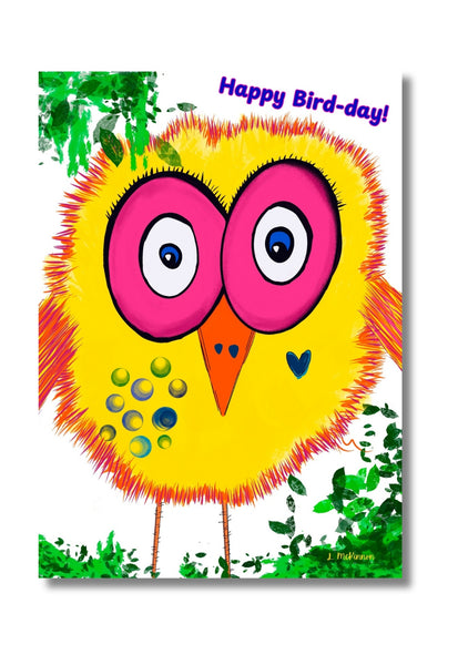 blank birthday card with whimsical artwork of a bird