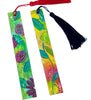 Two rectangular bookmarks with colorful floral and leaf patterns, shown on a white background. One bookmark has a red tassel and the other has a dark navy tassel.