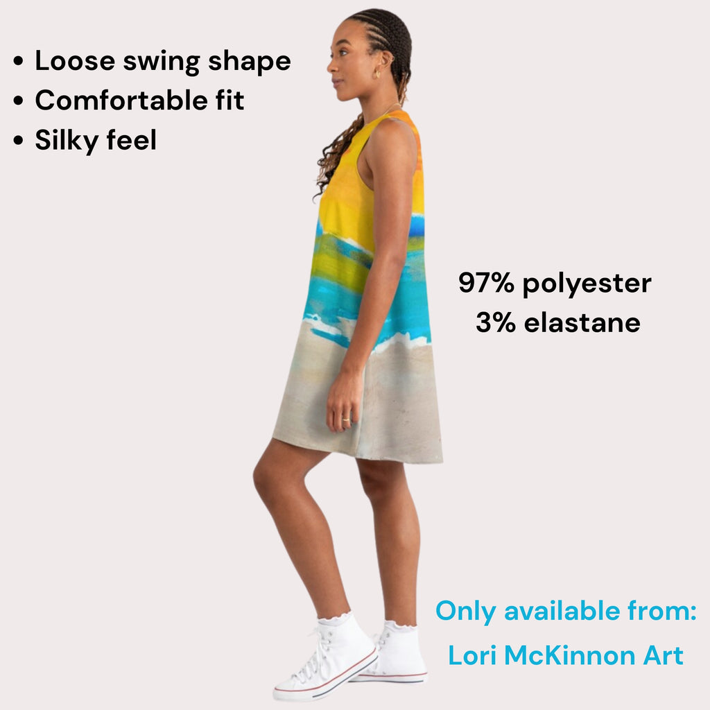Woman wearing a colorful dress with text about fabric properties and brand information.