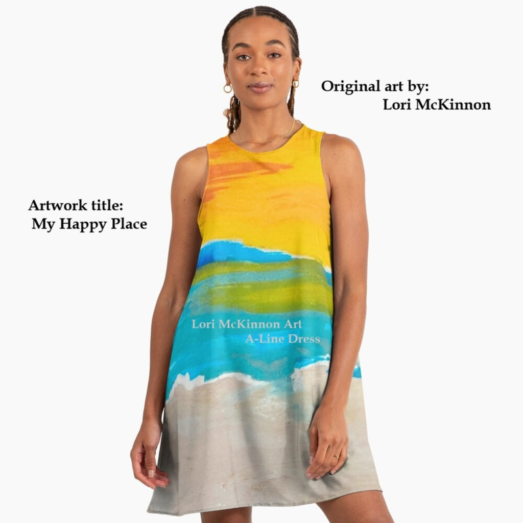 Woman wearing a dress with a colorful design, standing against a white background.