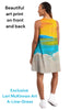 Woman wearing a dress with art print on front and back, by Lori McKinnon Art.