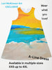A-line dress with beach scene design by Lori McKinnon Art, featuring yellow, blue, and green colors.