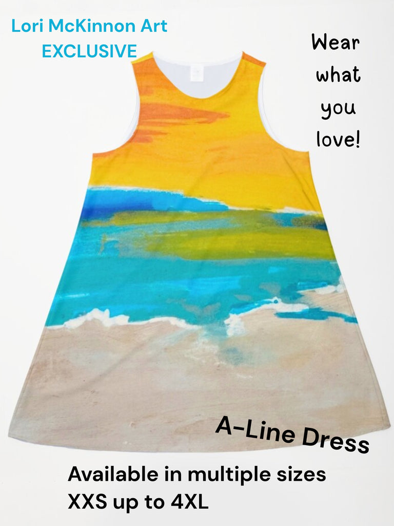 A-line dress with beach scene design by Lori McKinnon Art, featuring yellow, blue, and green colors.