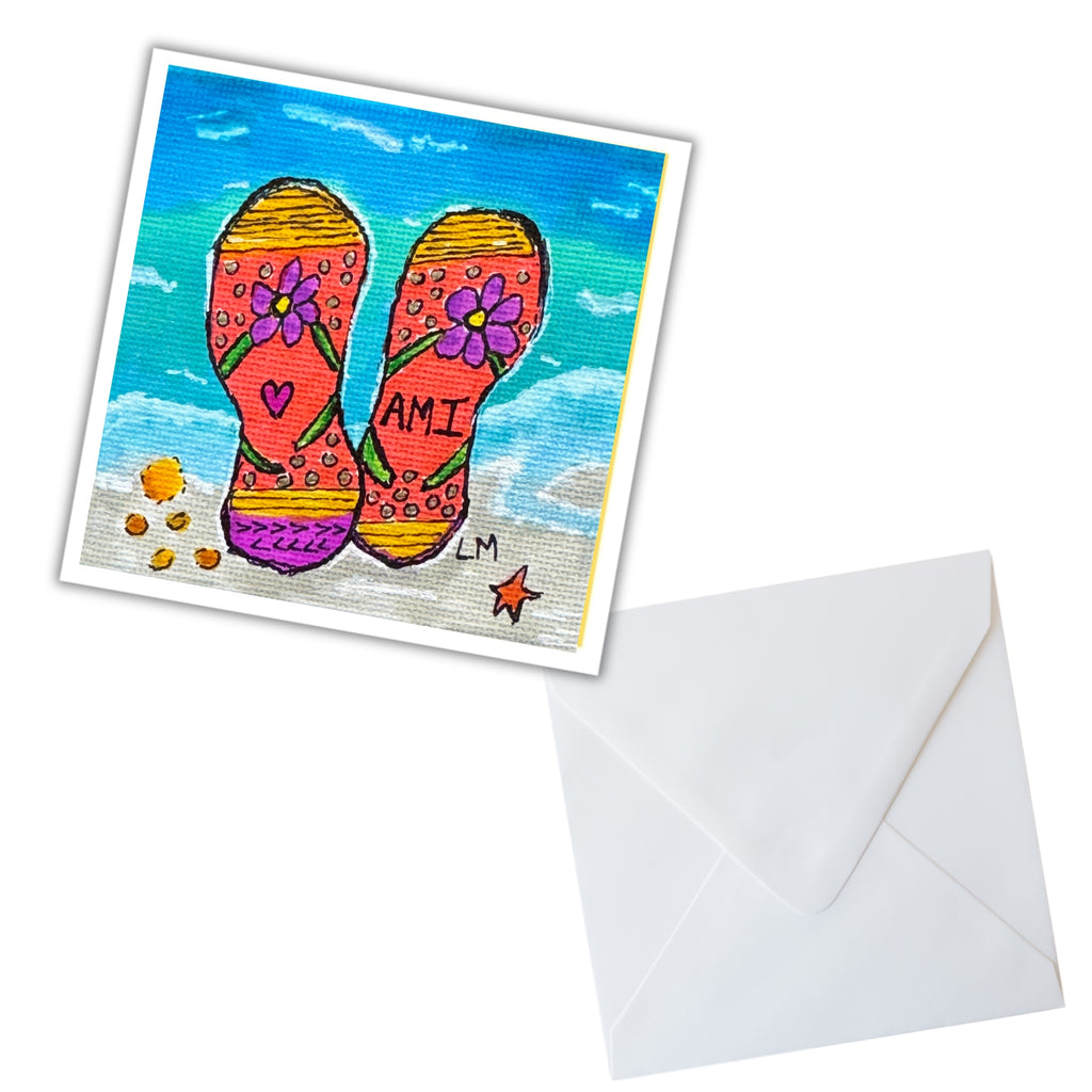 Colorful card with flip-flops and flowers on a beach scene, featuring an envelope.