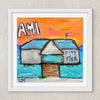 Framed artwork of a small building labeled 'City Pier' with 'AMI' text against a colorful sky.