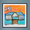 Framed artwork of a small building labeled 'City Pier' with 'AMI' text, on a blue background.