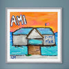 Framed artwork of a small building with 'AMI City Pier' text against an orange sky.
