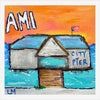 Painting of a small building with 'AMI City Pier' text against an orange and blue sky.
