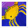 Yellow crab artwork with text on a blue and purple background