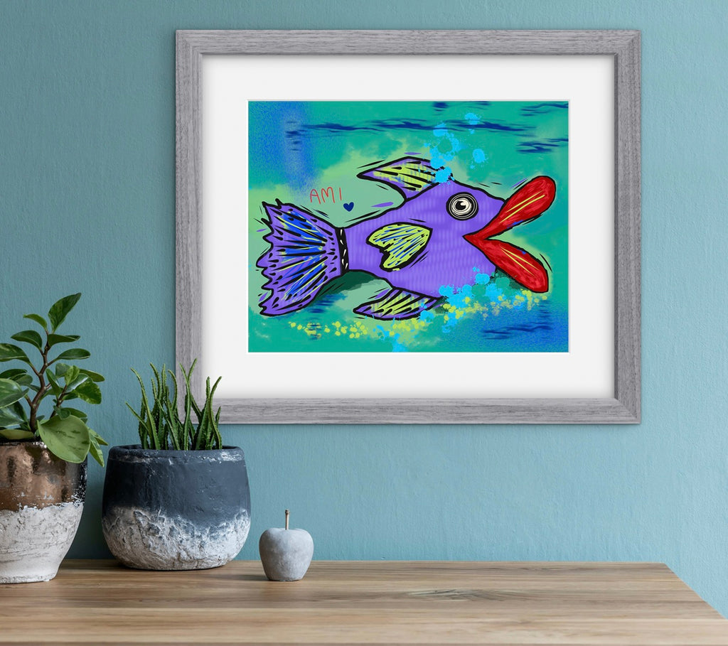 Framed colorful fish painting on a wall with plants and a small sculpture below.