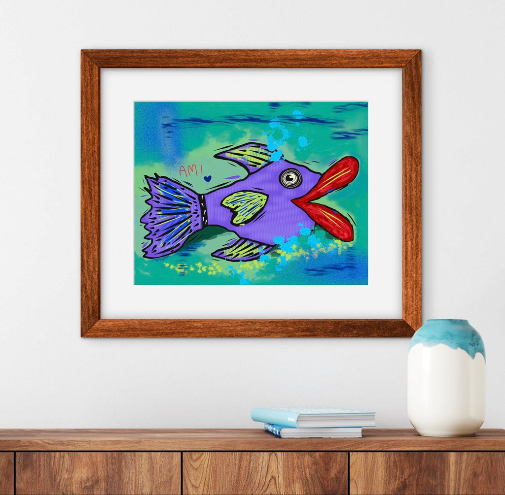 Framed children's drawing of a colorful fish on a wall above a wooden shelf.