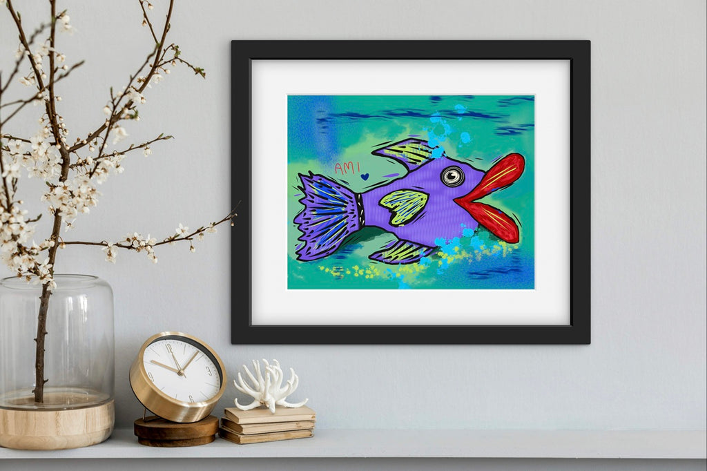 Framed colorful fish painting on a wall with decorative items below.