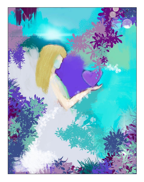 Artistic depiction of an angel holding a purple heart surrounded by floral elements.
