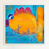 A square framed abstract painting of fish with purple accents, a blue eye, and the handwritten phrase 'Don't take the bait' in blue over a turquoise background, displayed on a light beige wall.
