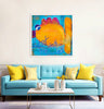 A colorful framed abstract fish painting hangs on a white wall above a bright turquoise sofa with yellow pillows in a styled living room.