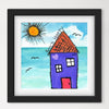 Framed artwork of a colorful house by the sea with a sun and birds.