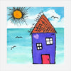 Colorful drawing of a house with a sun and ocean background, labeled 'Beach Happy'.