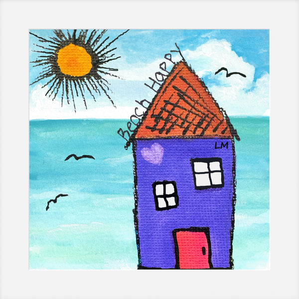 Colorful drawing of a house with a sun and ocean background, labeled 'Beach Happy'.