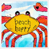 Whimsical crab with text that says 'beach happy' with a blue background