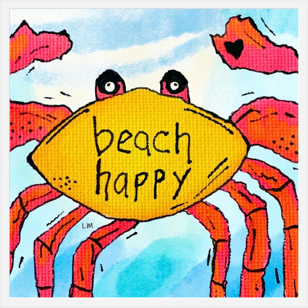 Whimsical crab with text that says 'beach happy' with a blue background