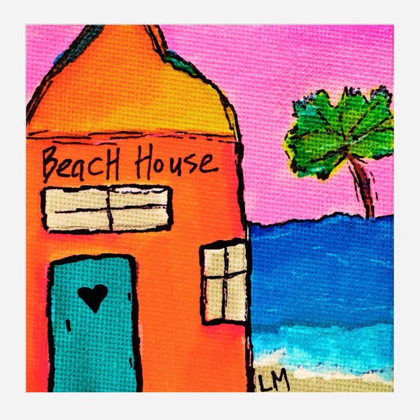 Colorful beach house with a palm tree on a pink sky.
