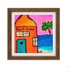 Framed artwork of a beach house with a palm tree and ocean.