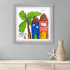 Framed artwork with colorful houses and a palm tree on a gray wall.