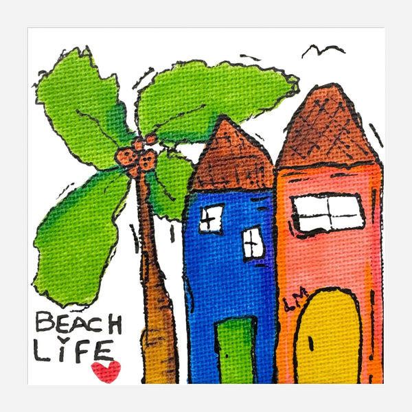 Colorful illustration of houses and a palm tree with 'Beach Life' text on a white background