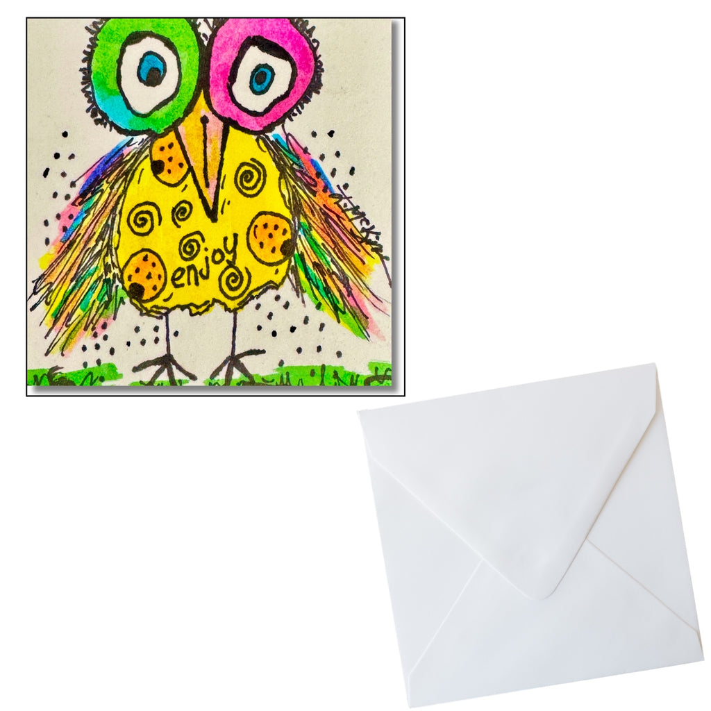 quirky bird artwork on 3x3 inch notecards